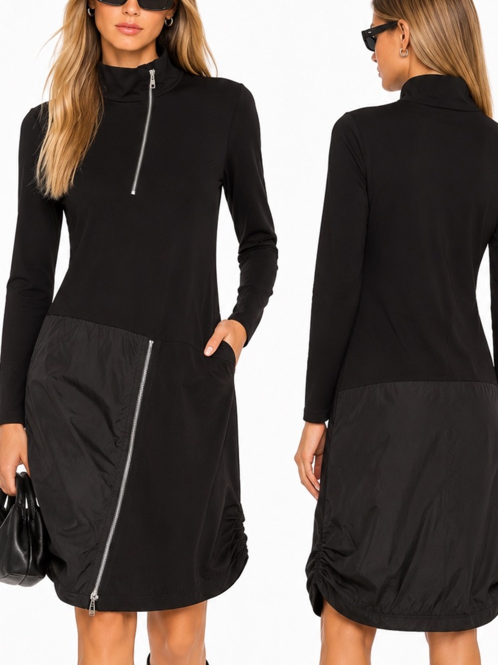 SCAPA Lauren Perre Black Mixed Media Zip Front Dress Tunic High Neck L
